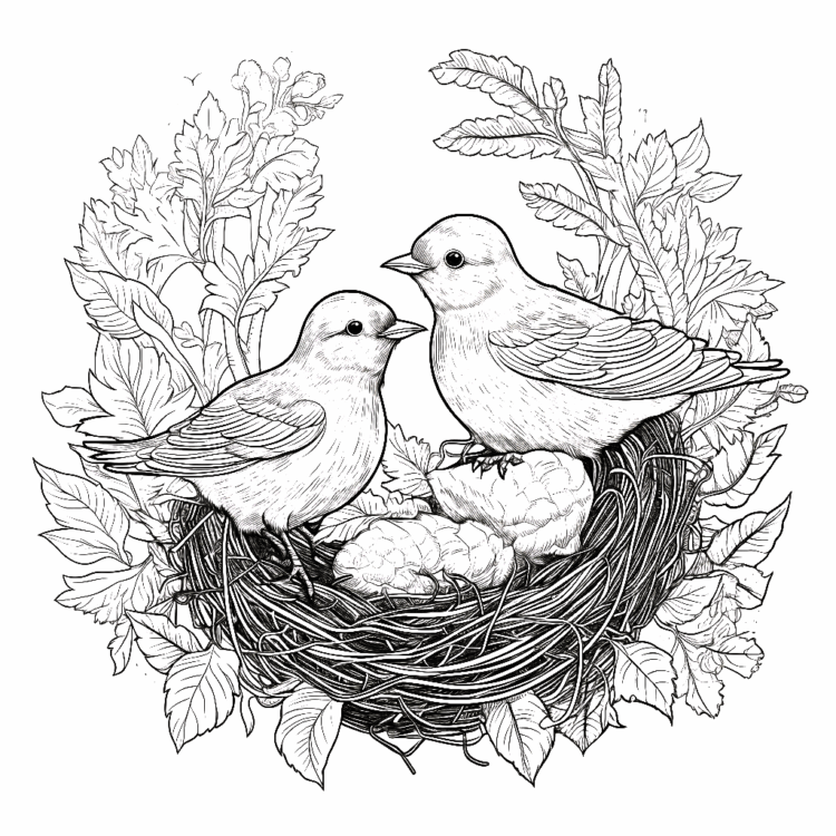 Love birds in a nest coloring page