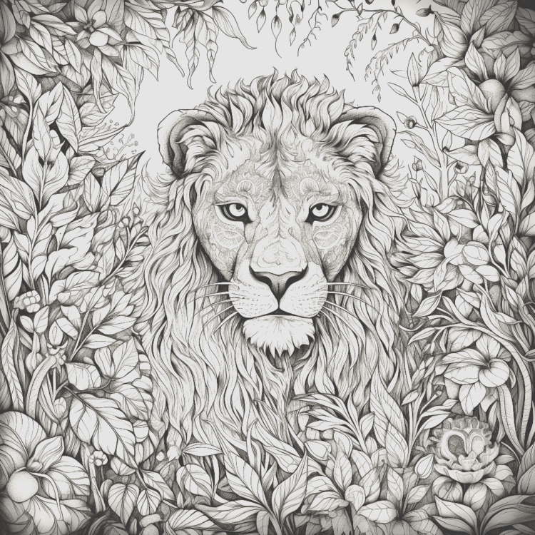 Coloring picture lion on leaves