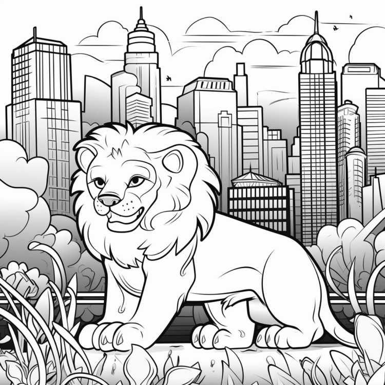 Coloring picture lion in the city