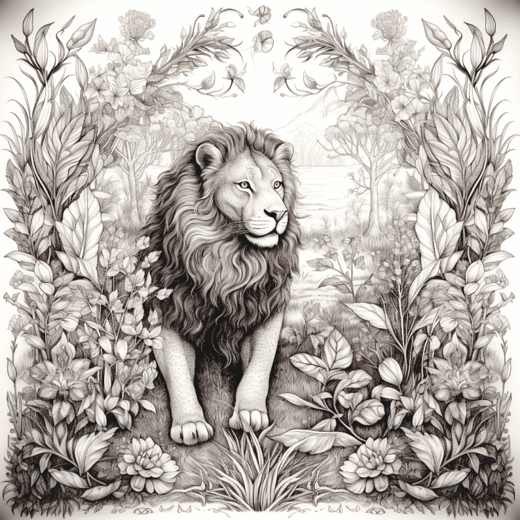 Coloring picture lion in a garden