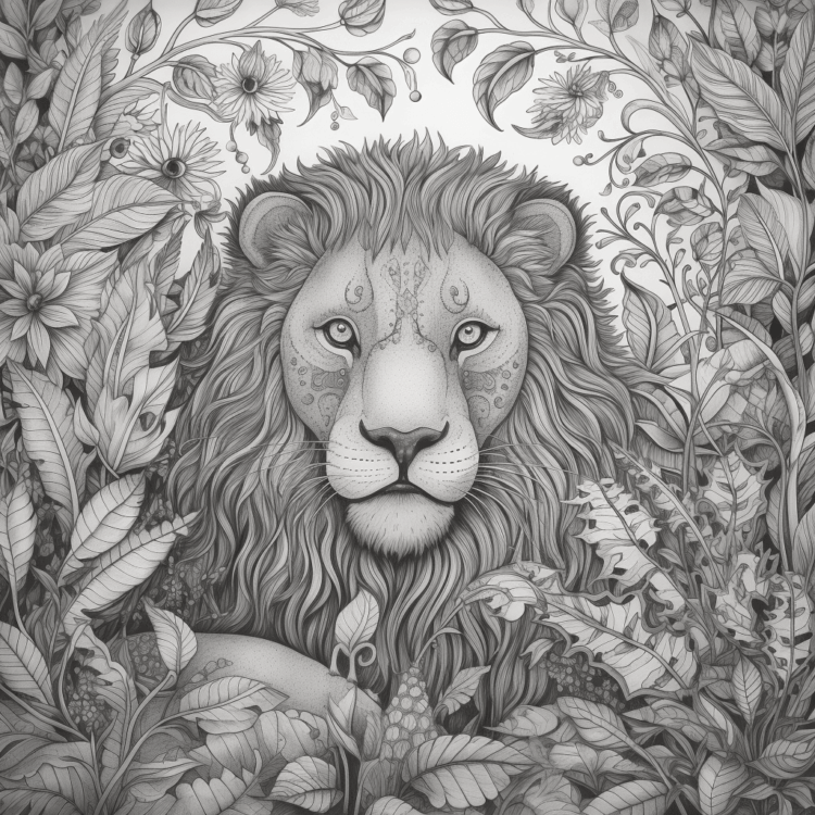 Coloring picture lion and leaves