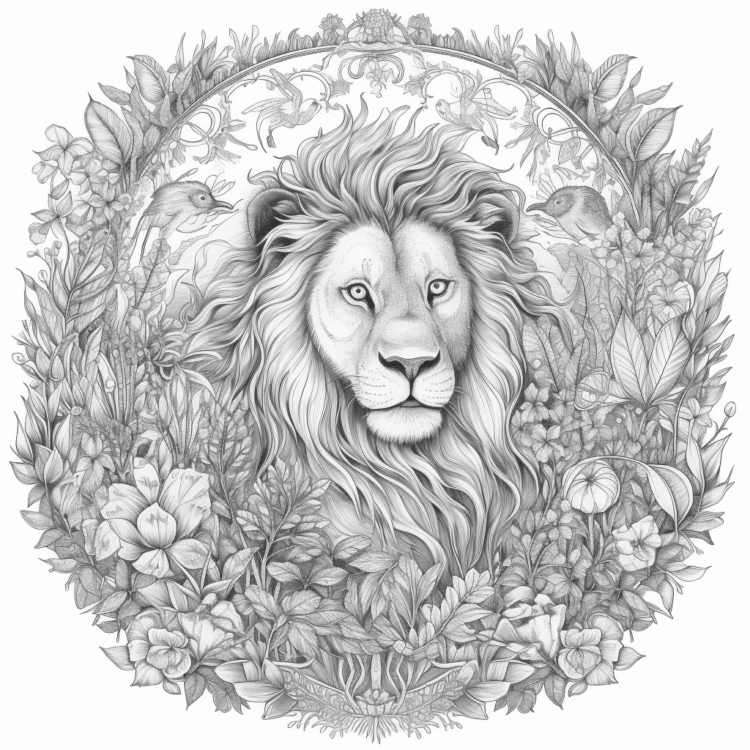 Dibujo para colorear león y flores