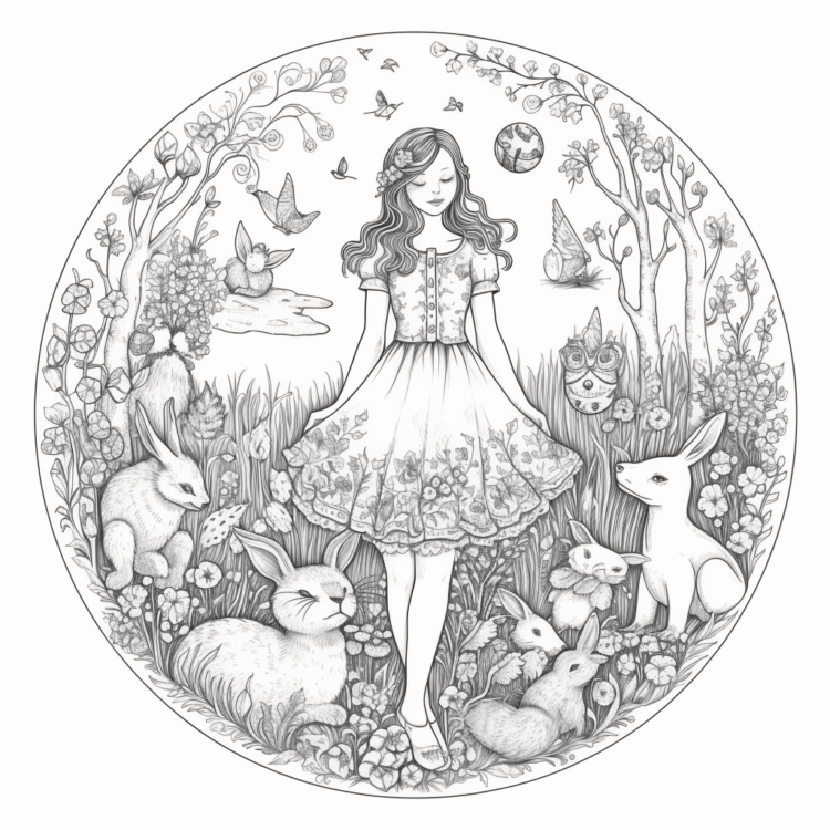 Dibujo para colorear niña en primavera