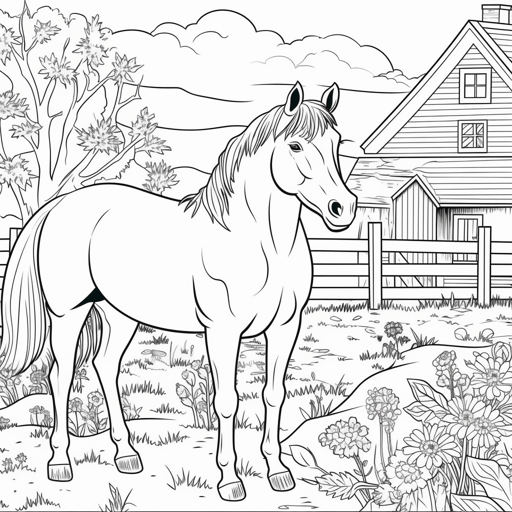  "Pferd auf einem Bauernhof" Ausmalbild - kostenlos herunterladen 