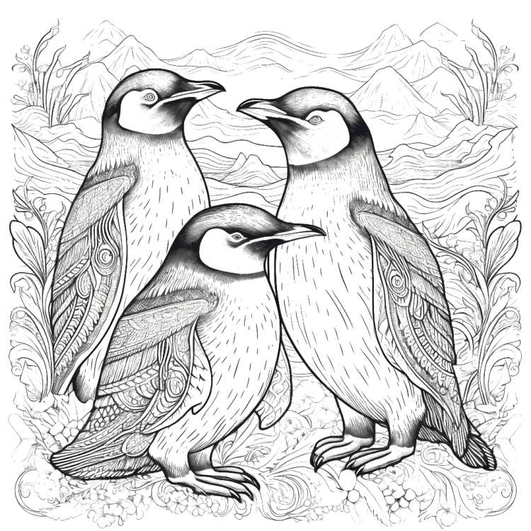 Dibujo para colorear pingüino y montaña
