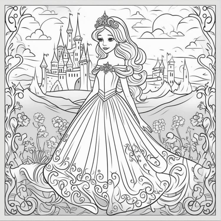 Ausmalbild Prinzessin und ein Schloss