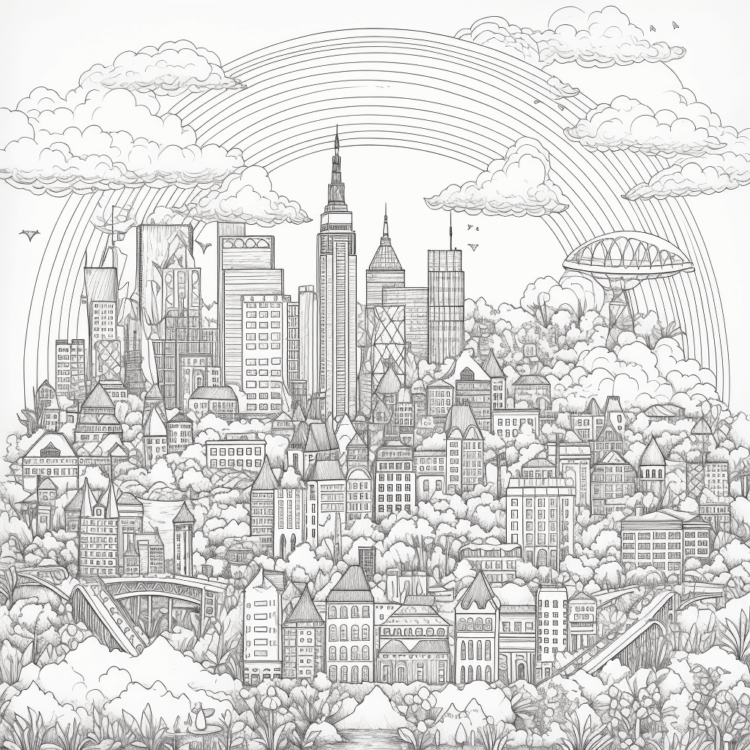Arco iris de dibujos para colorear en la ciudad