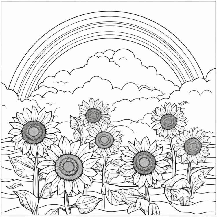 Coloring picture rainbow and sunflowers