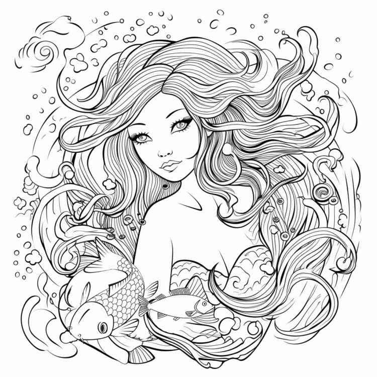 Dibujo para colorear hermosa sirena