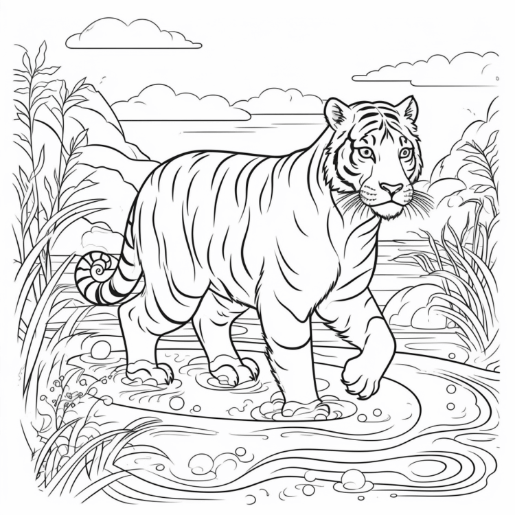 Dibujo para colorear tigre en el agua