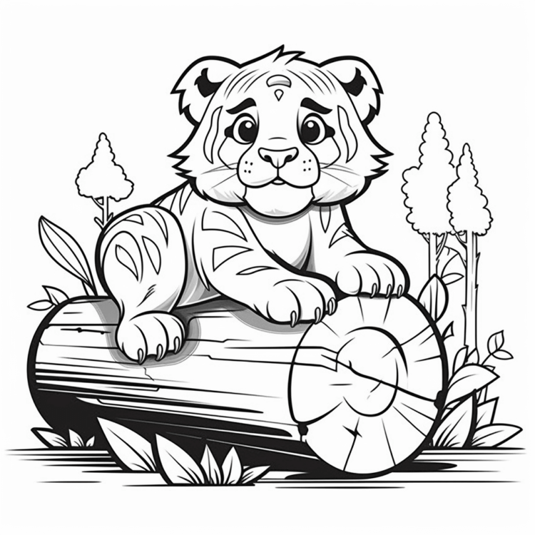 Dibujo para colorear tigre en el tronco de un árbol