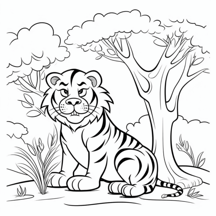 Ausmalbild Tiger und Baum