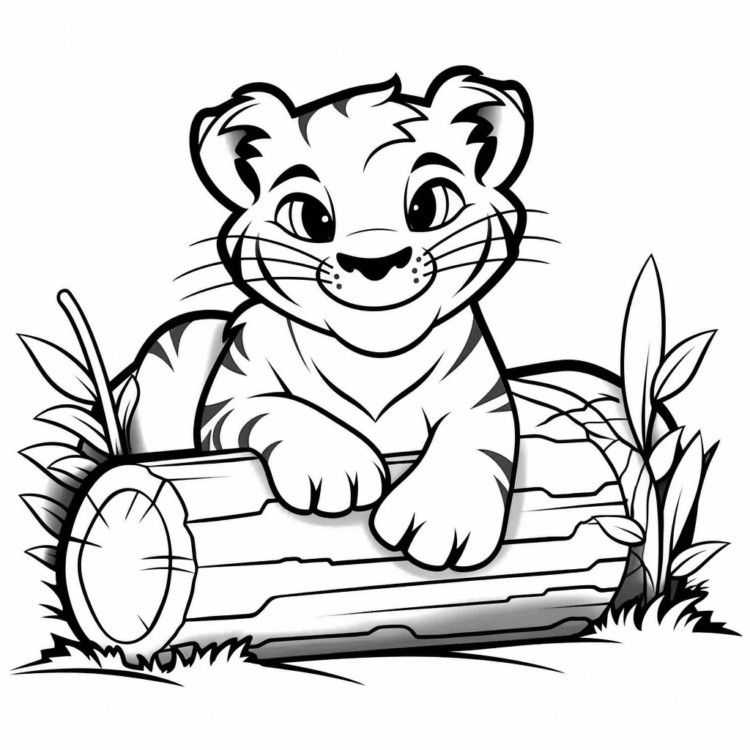 Ausmalbild Tiger und Baumstamm