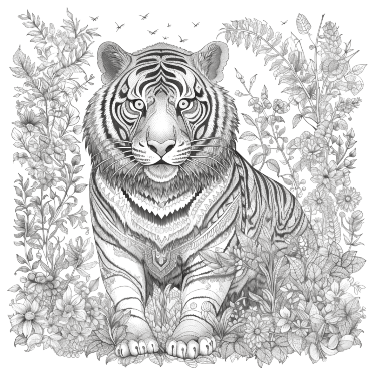 Ausmalbild Tiger und Blumen
