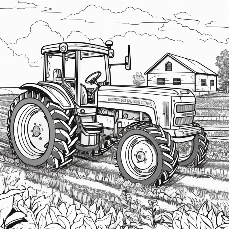 Dibujo para colorear de un tractor en una granja