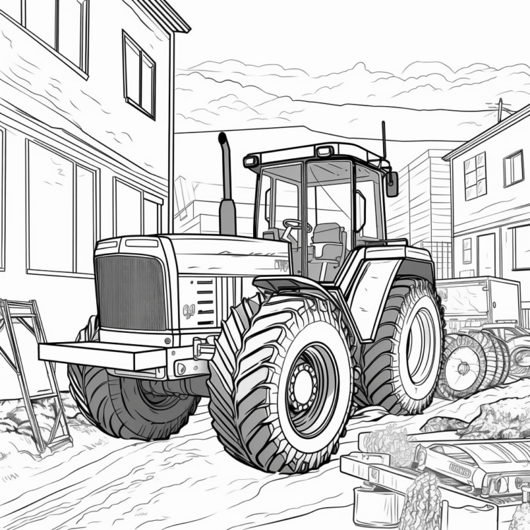 Ausmalbild Traktor auf einem Hinterhof