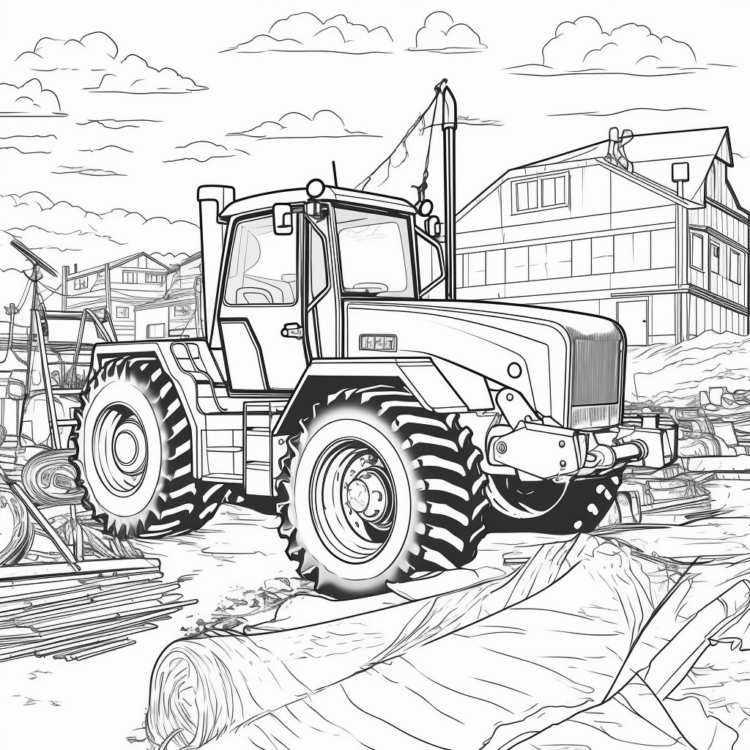 Coloring picture tractor on a construction site