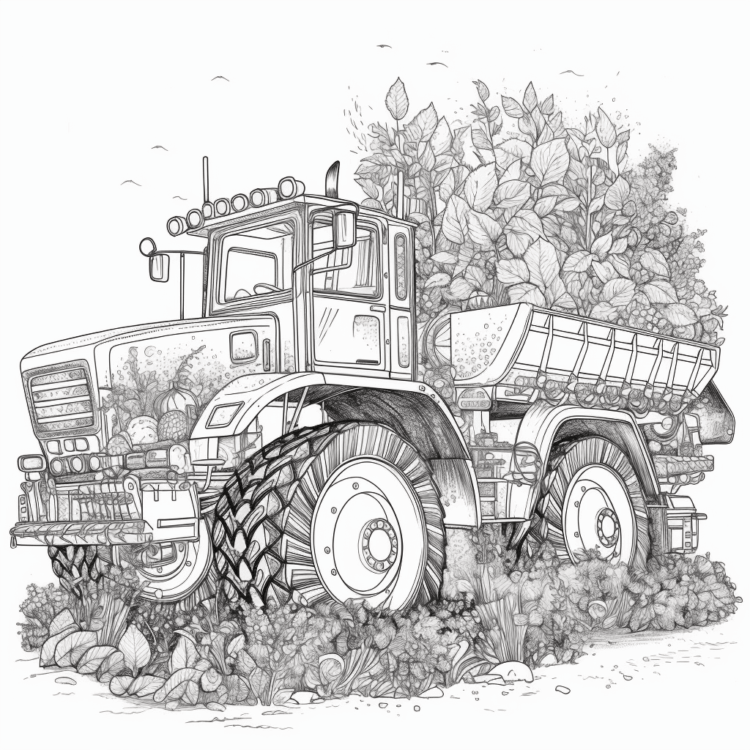 Tractor para colorear lleno de flores