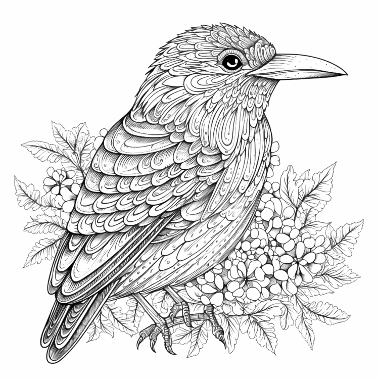 Dibujo para colorear pájaro y flores