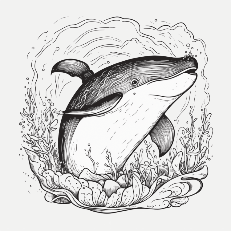 Dibujo para colorear ballena sobre coral