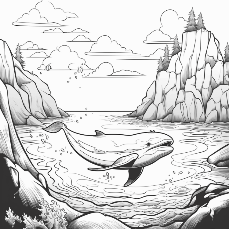 Dibujo para colorear ballena y rocas