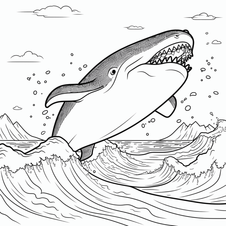 Dibujo para colorear ballena y olas