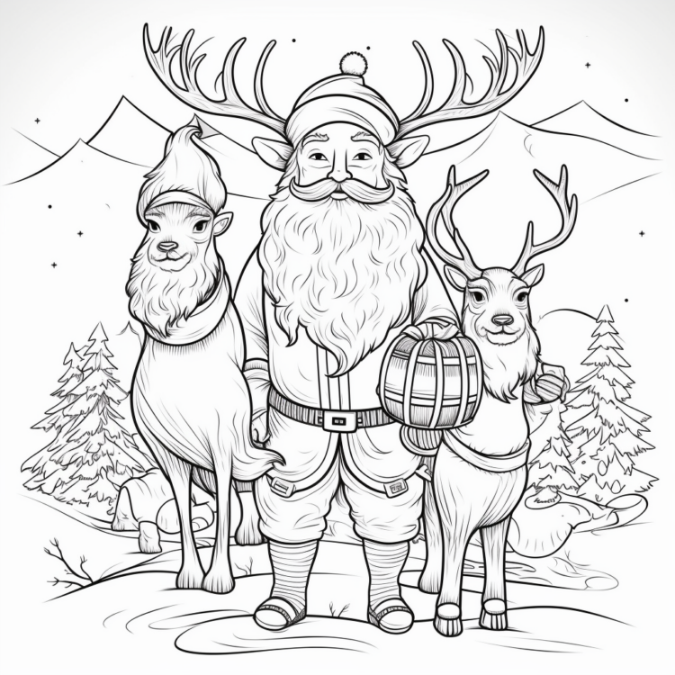 "Weihnachtsmann und Rentiere" kostenloses Ausmalbild
