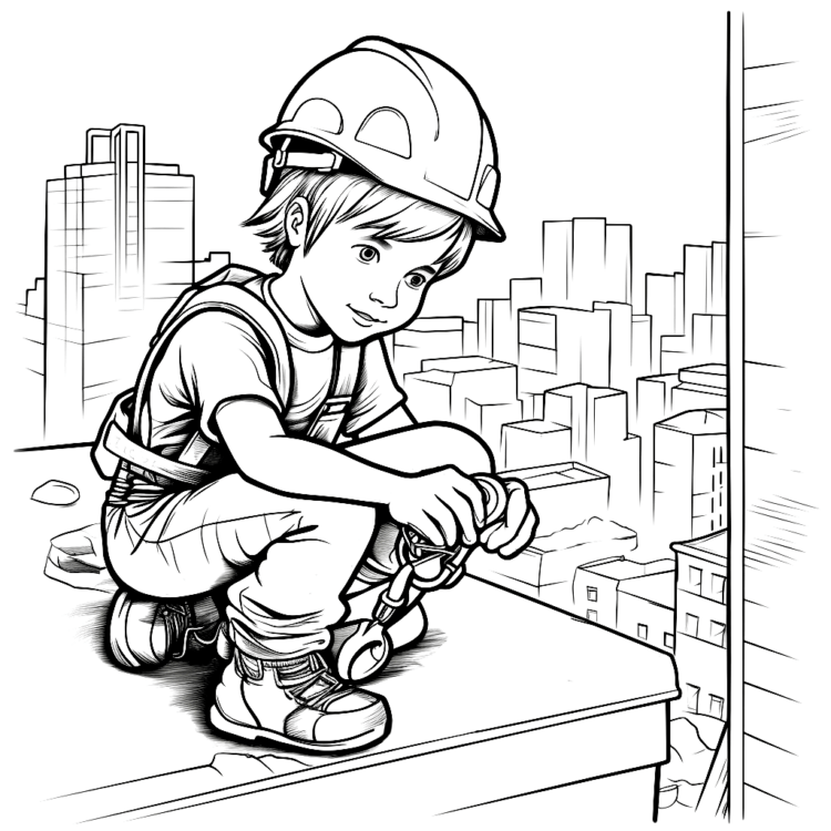 Dibujo para colorear trabajador en el edificio