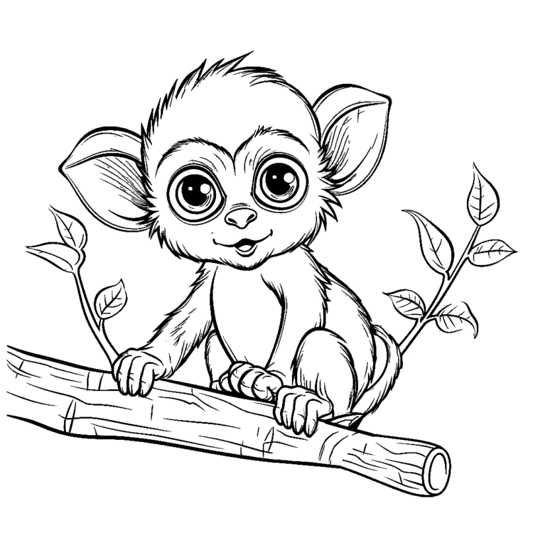 Dibujo para colorear mono bebé en árbol