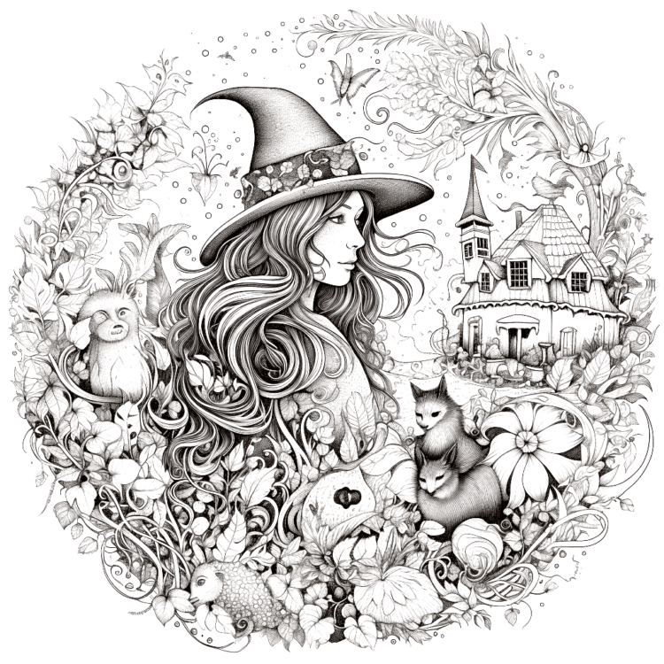 Dibujo para colorear flores y bruja