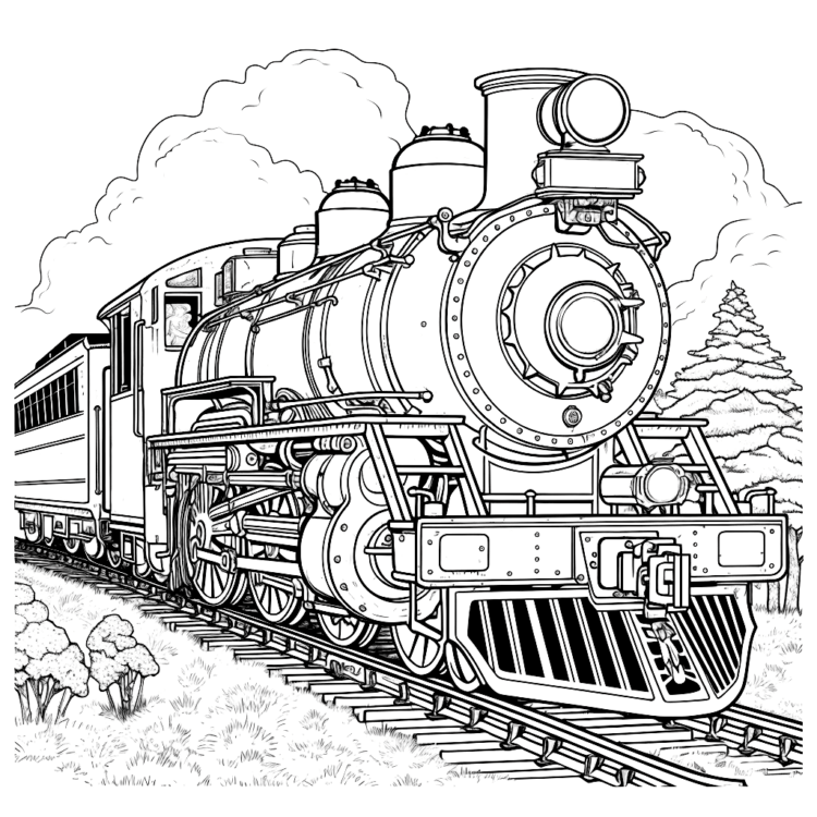 Dibujo para colorear tren de vapor sobre vía férrea