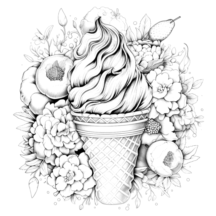 Dibujo para colorear helado y flores