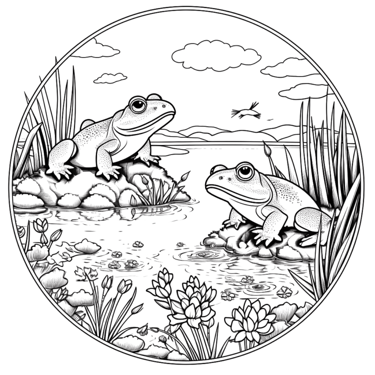 Dibujo para colorear ranas en un estanque