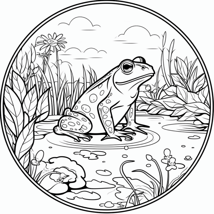 Coloring picture frog in a pond
