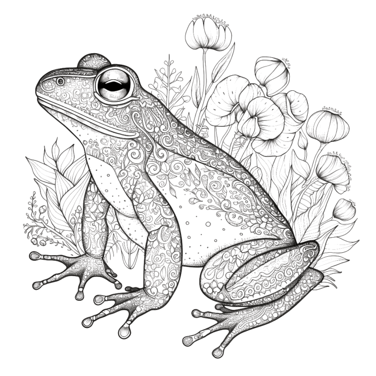 Dibujo para colorear rana y flores