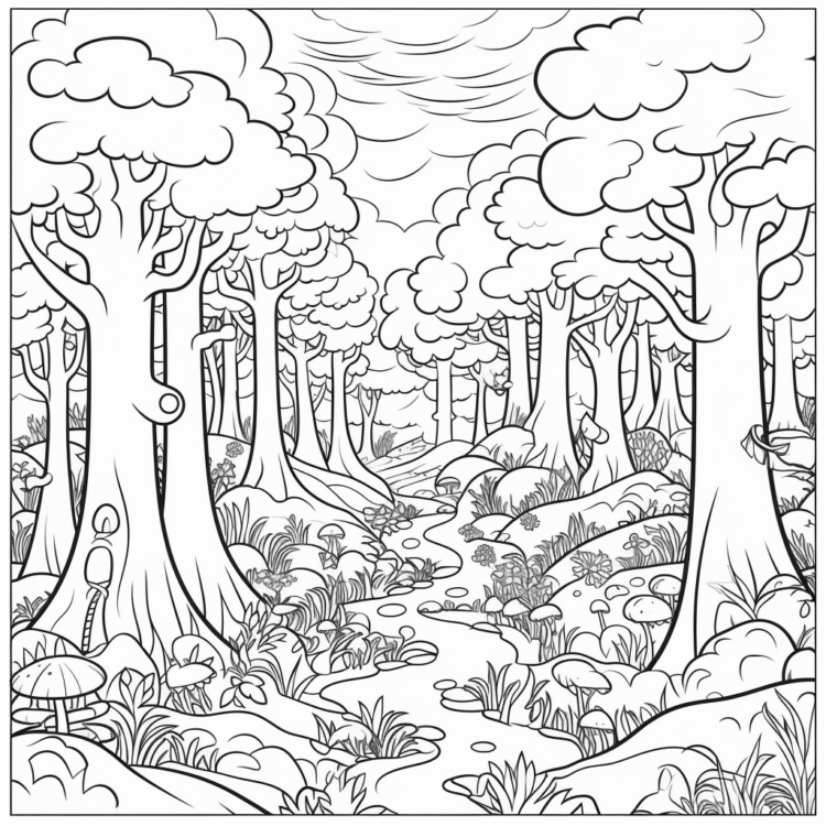 Dibujo para colorear grandes árboles en el bosque