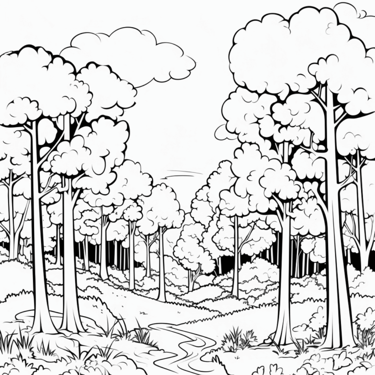Ausmalbild Große Bäume und Wald