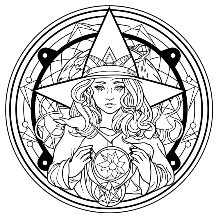 Dibujo para colorear mandala de bruja
