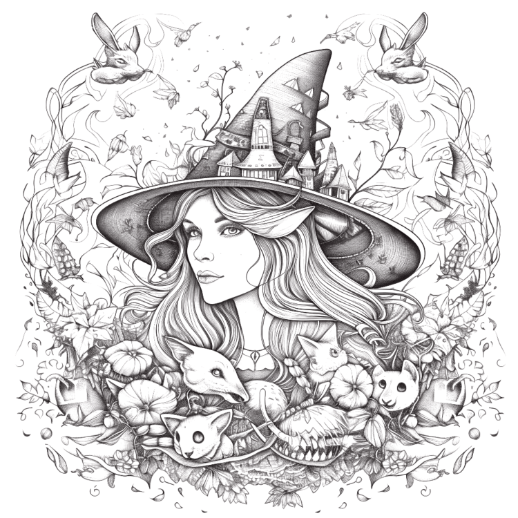 Dibujo para colorear bruja y flores