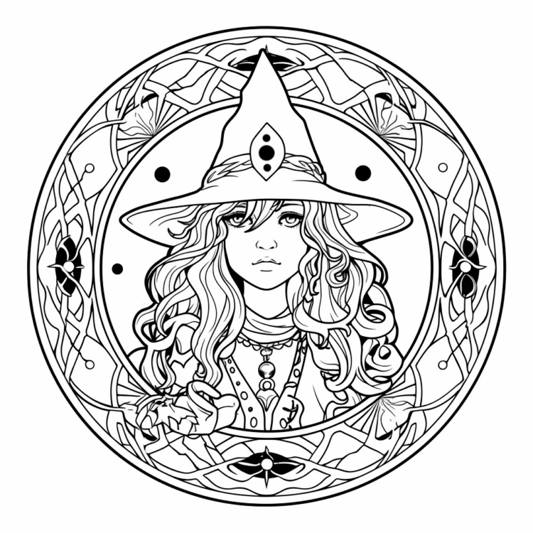 Página para colorear de Mandala de bruja