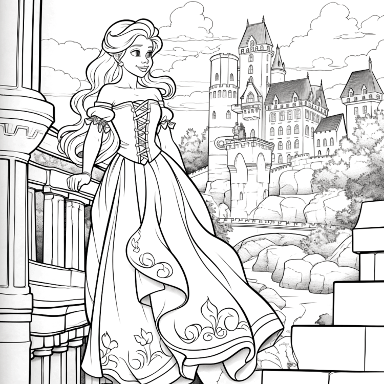 Ausmalbild Rapunzel auf einer Burg