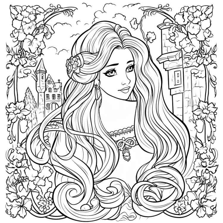 Ausmalbild Rapunzel in Burg