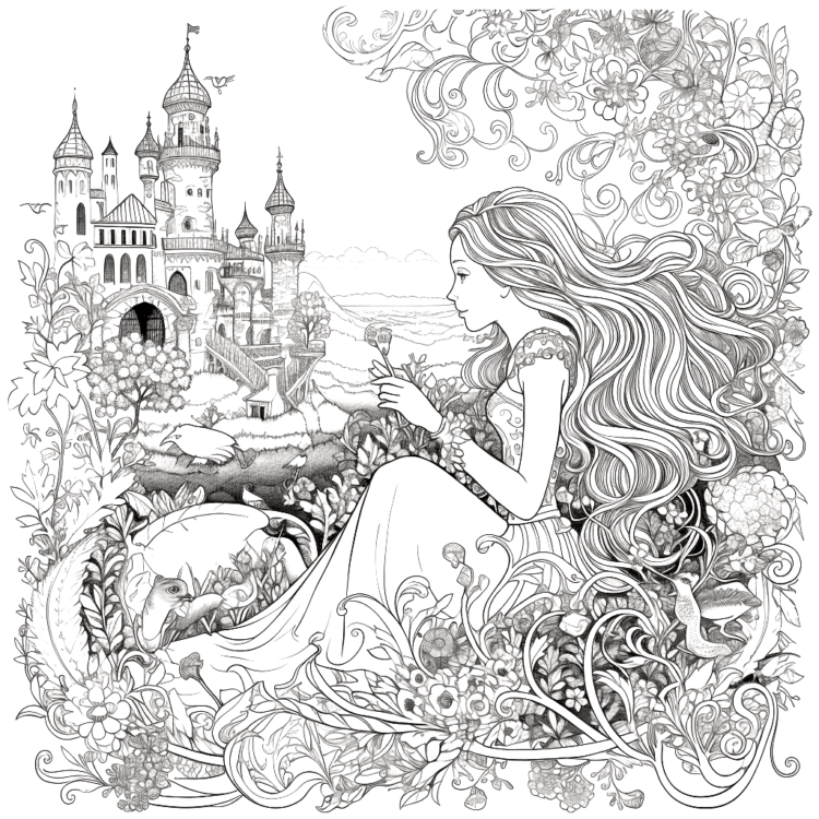 Ausmalbild Rapunzel und Blumen