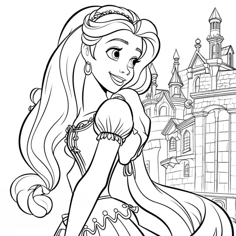 Rapunzel and castle coloring page