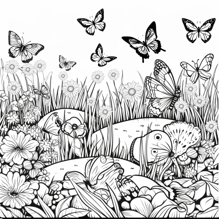 Dibujo para colorear jardín de mariposas