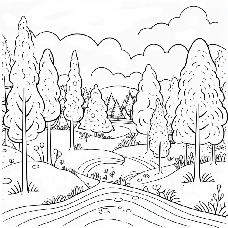 Ausmalbild Schöne Bäume im Wald