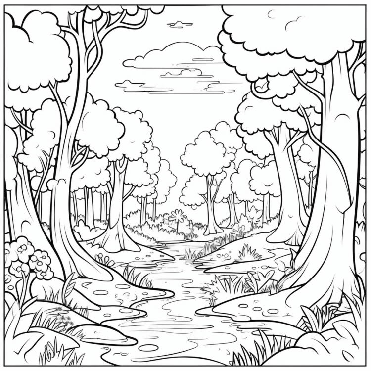 Dibujo para colorear hermosa vista del bosque
