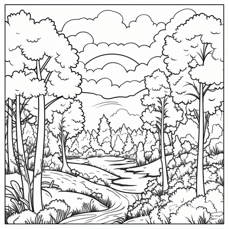 Dibujo para colorear árboles del bosque y arco iris