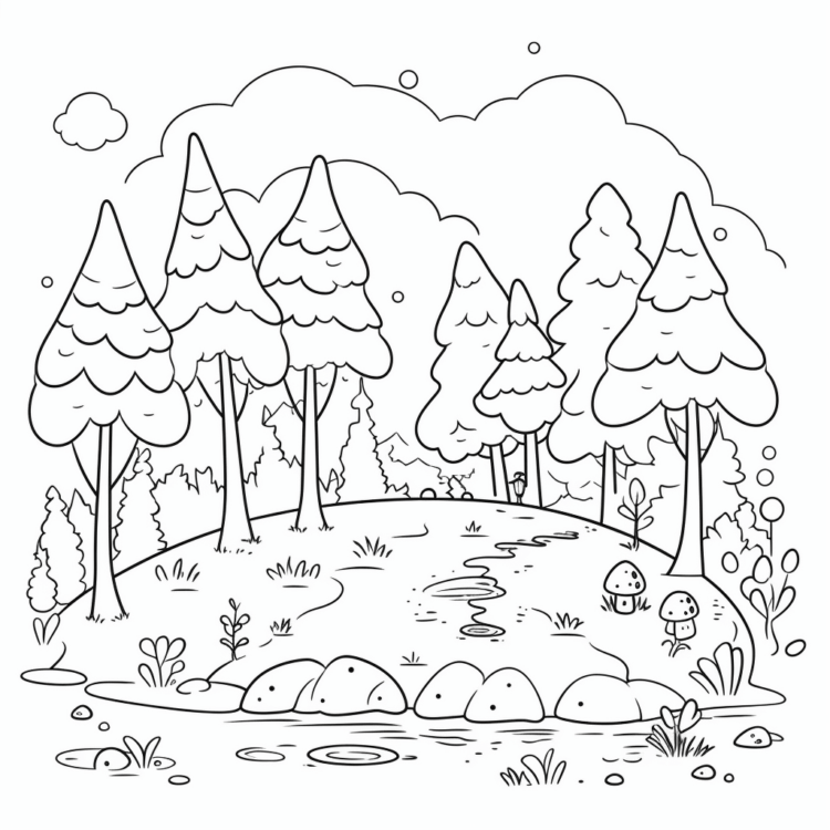 Ausmalbild Wald Kleine Bäume