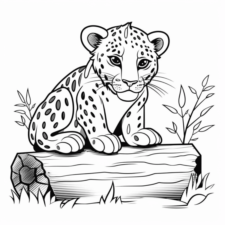 Ausmalbild Baby-Leopard auf einem Baumstamm